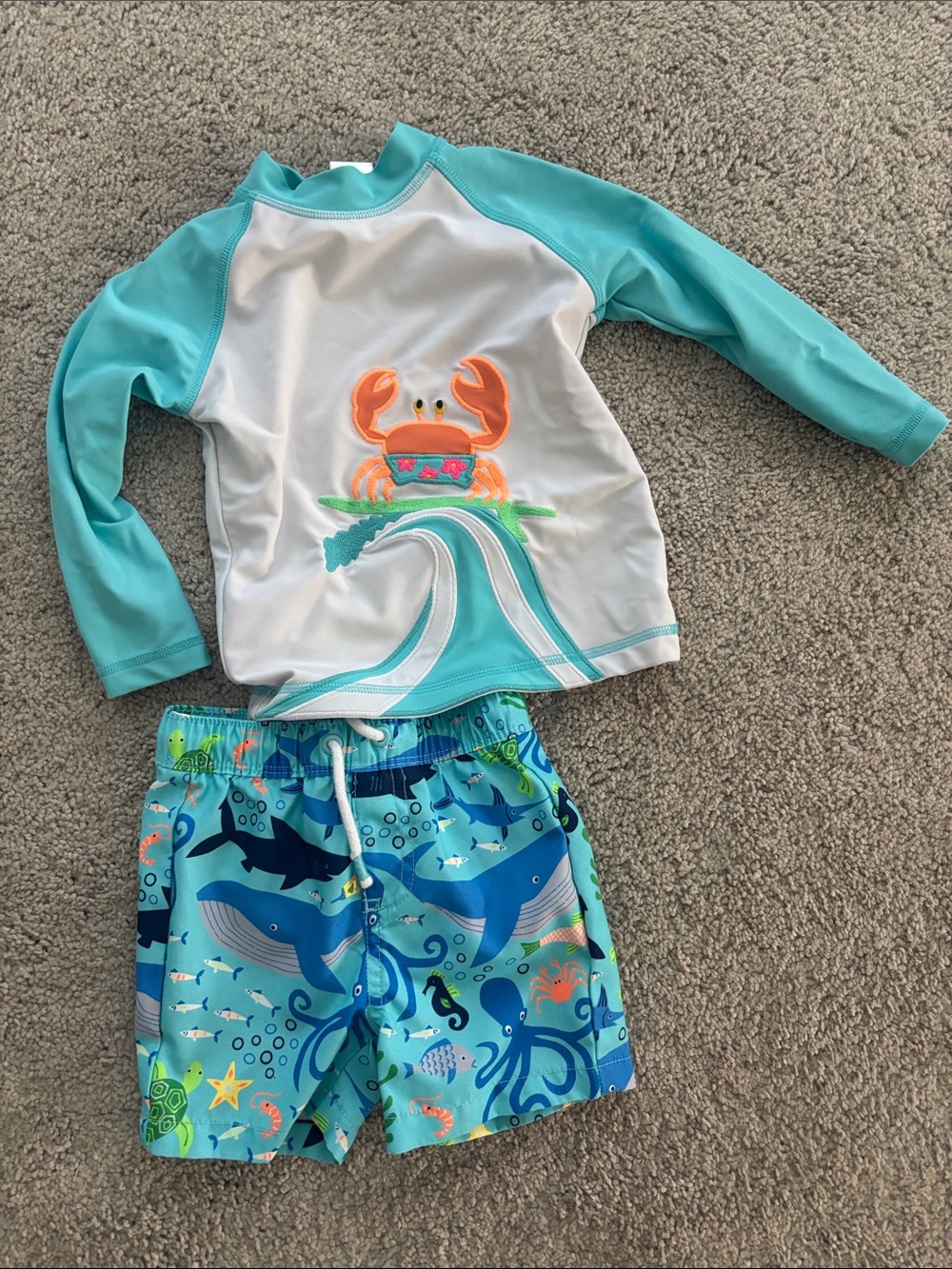 GYMBOREE Kids Teal & White Rash Guard Set with Ocean Print Swim Shorts